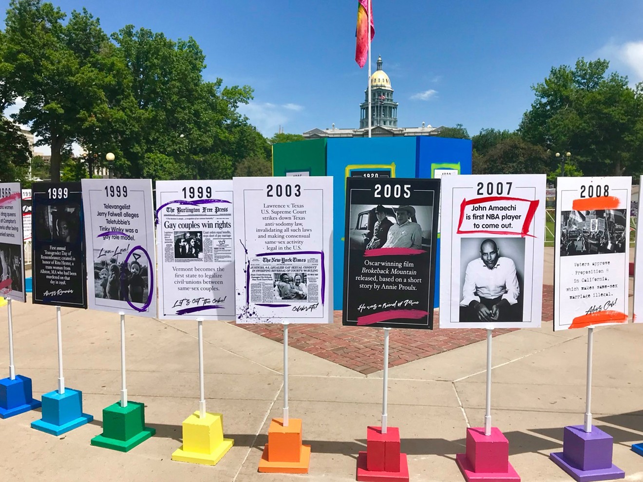 A view of Lonnie Hanzon's "Stonewall 50: Progress and Reflection" installation at Denver PrideFest 2019.