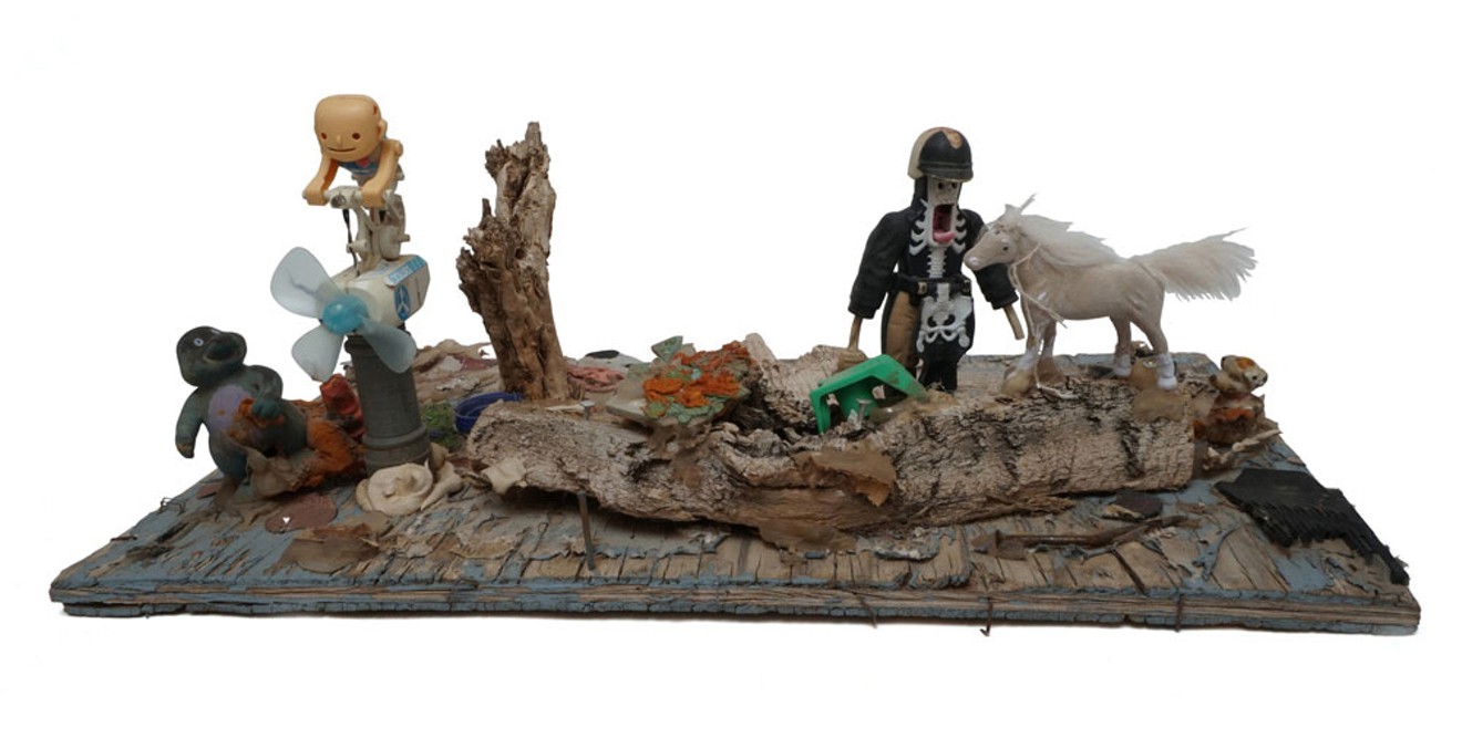 Roy Smith, “Go Out to the Tree,” 2017, plastic people, wood, plywood, pony on a ship, Dalmatian, glass, nails, glue tip, plastic dinosaur, plastic bottle cap, metal, caulk, plastic thing, glue.