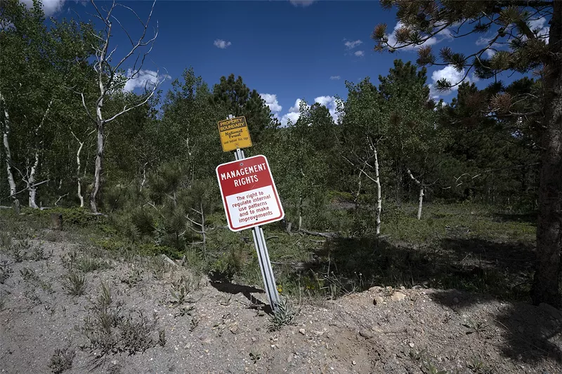Image: Yumi Janairo Roth, “Property Rights,” 2020 — signs describing different types of rights installed throughout Roosevelt National Forest. Currently on view at MCA Denver as part of Citizenship: A Practice of Society.