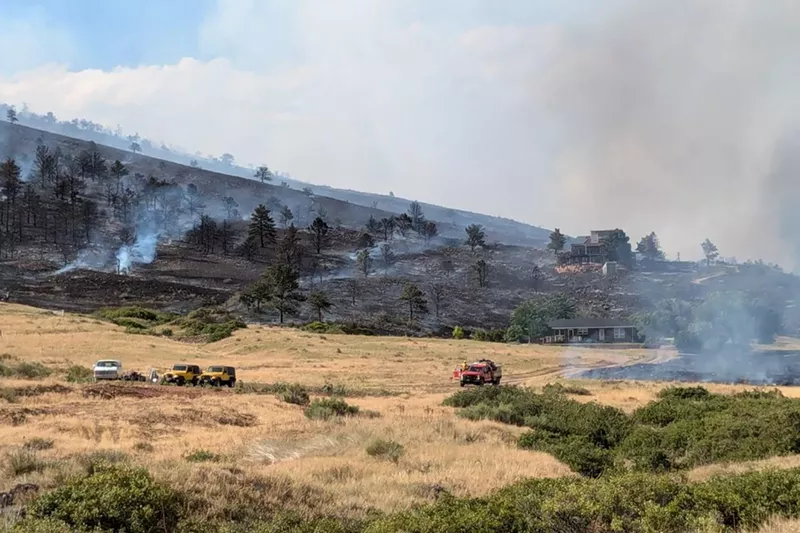 Image: A grassland lies heavily half burnt around houses.
