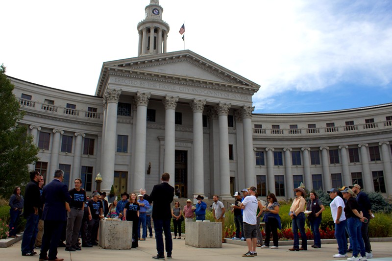 Superior Farms employees gather outside of the City and County Building to advocate against Denver's proposed slaughterhouse ban.