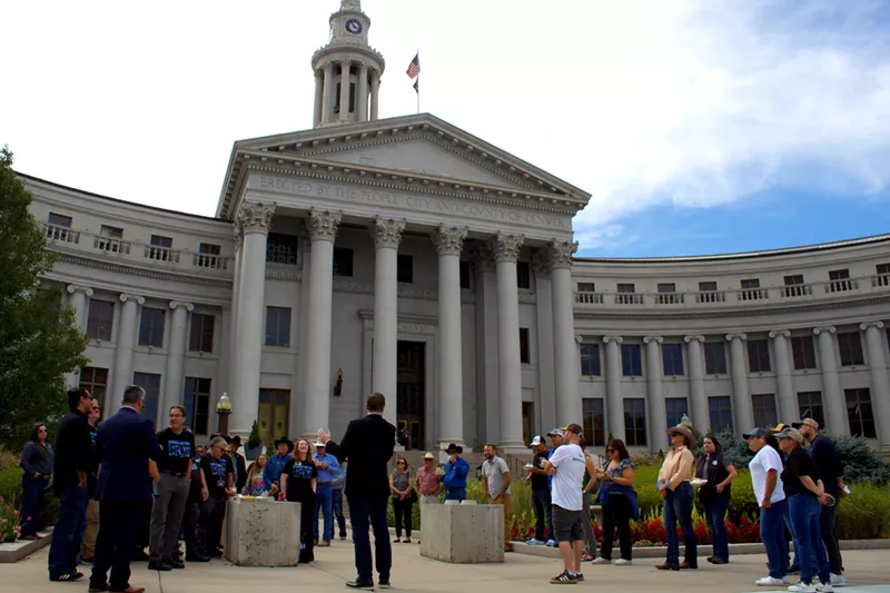 Image: Superior Farms employees gather outside of the City and County Building to advocate against Denver's proposed slaughterhouse ban.