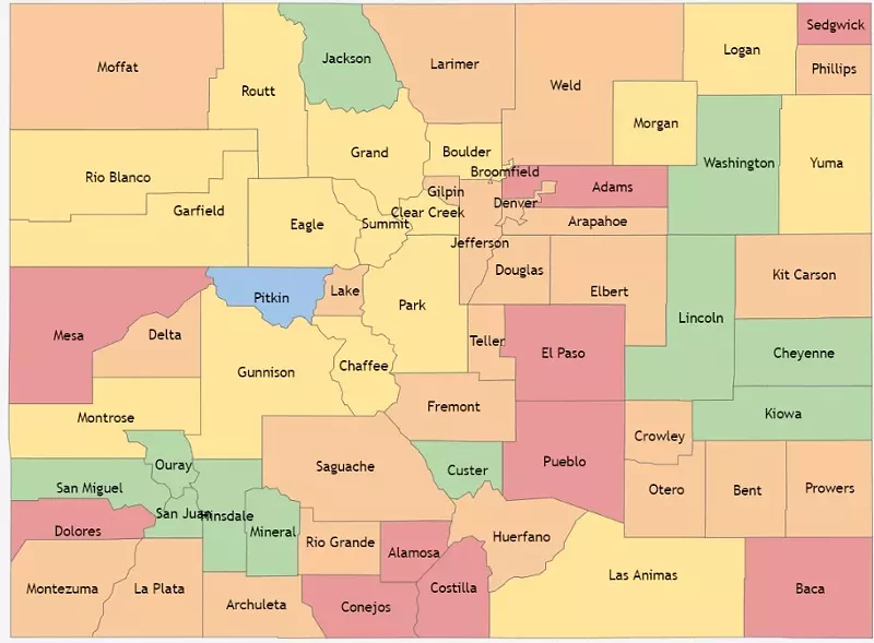 Image: This May 18 map showing the two-week cumulative incidence rate of COVID-19 cases reveals that ten counties are currently at Level Red.