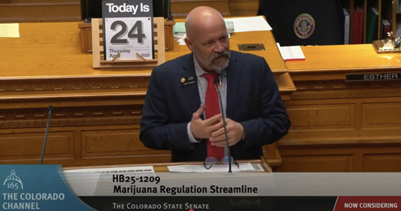Image: Senator speaks at podium before bill vote