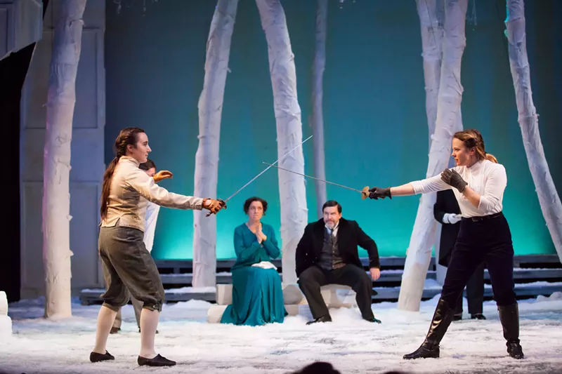 Image: Ava Kostia, left, as Laertes, and Lenne Klingaman, right, as Hamlet, duel in the final act in the Colorado Shakespeare Festival's production of the famed tragedy.