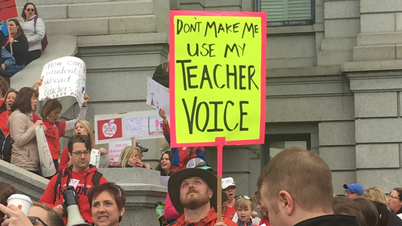 Image: One of the protesters at a teacher demonstration at the Colorado State Capitol on April 26.