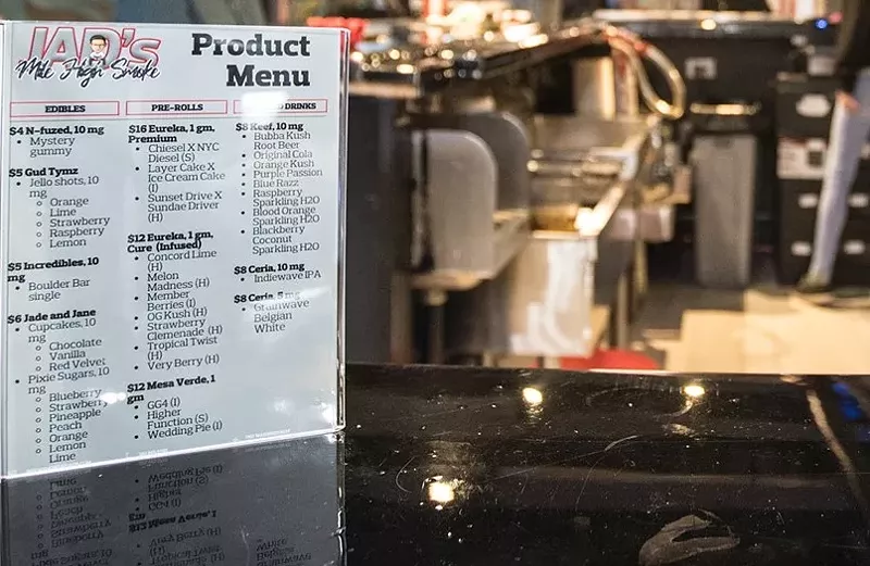 Image: A menu of products for sale at JAD's Mile High Smoke, Colorado's only licensed marijuana bar.
