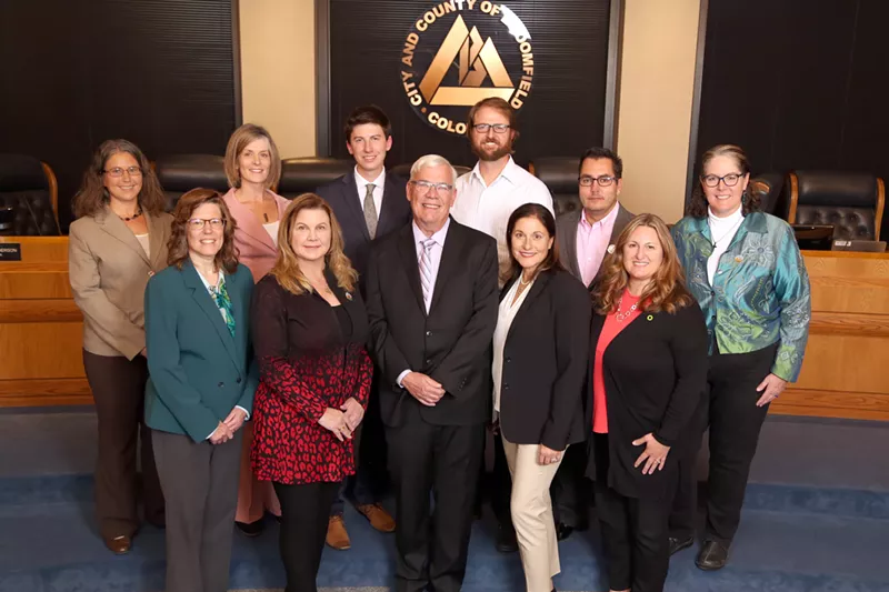 Image: The eleven-member Broomfield City Council, with Mayor Pat Quinn in the center.