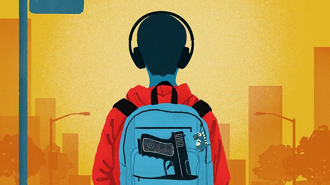 boy with headphones, backpack with gun.