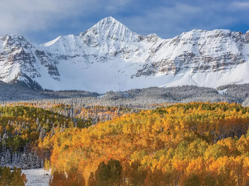 Image: colordado mountain with snow, golden aspen