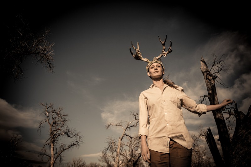 Control Group dancer Caroline Sharkey as the Deer Spirit, wearing Adrienne DeLoe's antler headdress in After the Flood.