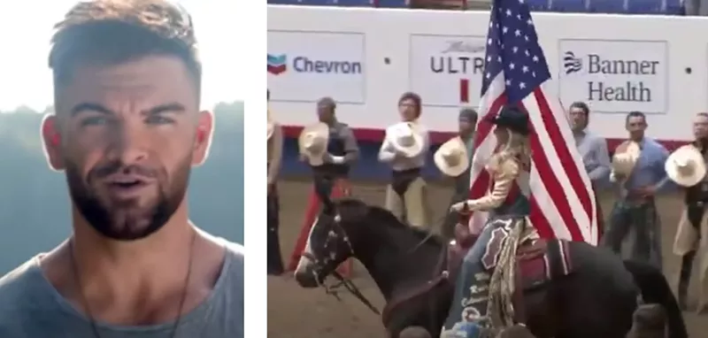 Image: Dylan Scott, left, was among the musical headliners of the Greeley Stampede, at which an American flag ceremony was part of the opening-day festivities.