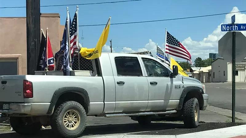 Image: This vehicle taking part in the Cruising for Freedom Rally juxtaposed the American and Confederate flags.