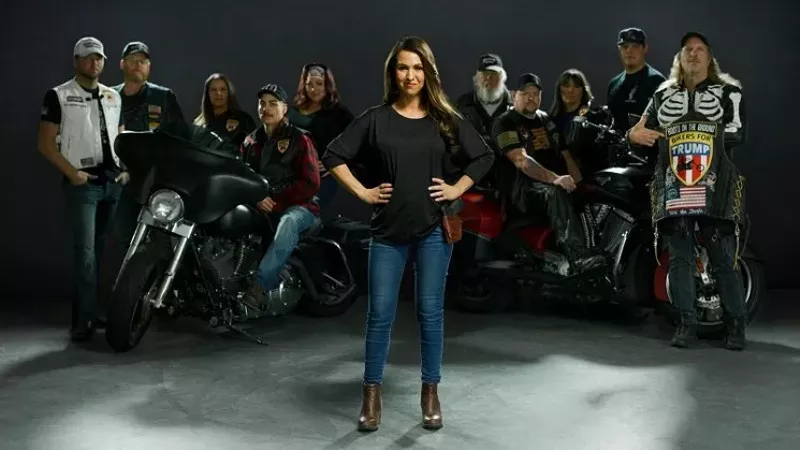 Image: Lauren Boebert with members of Colorado Boots on the Ground Bikers for Trump, whose members were among the earliest customers at the reopened Shooters Grill.