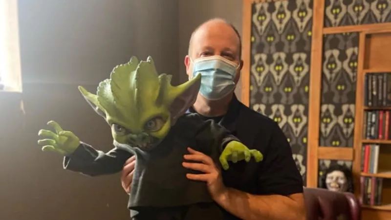 Image: Governor Jared Polis during an early-October visit to Distortions Unlimited, a Greeley business that makes Halloween props and theme animatronics.