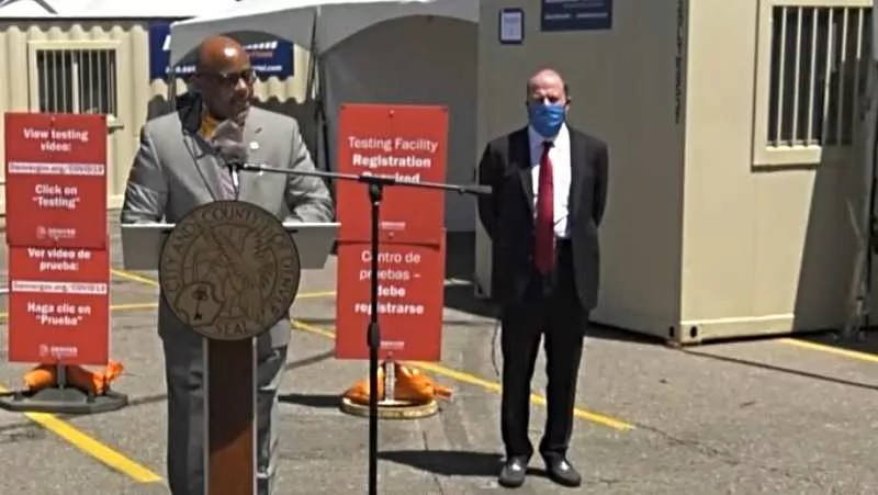 Image: Denver Mayor Michael Hancock was joined at the May 21 press conference at the Pepsi Center by Colorado Governor Jared Polis.