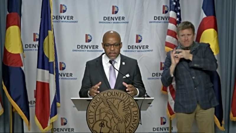 Mayor Michael Hancock addressing the media during an April 24 press conference.