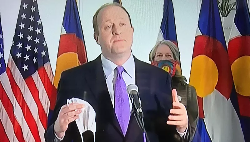 Image: Governor Jared Polis promoted a mask contest for children during his April 13 press conference.