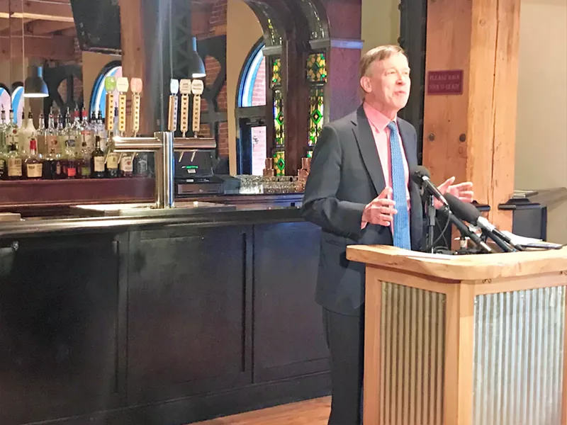 Image: John Hickenlooper announcing his presidential candidacy at the Wynkoop Brewing Company in 2019.