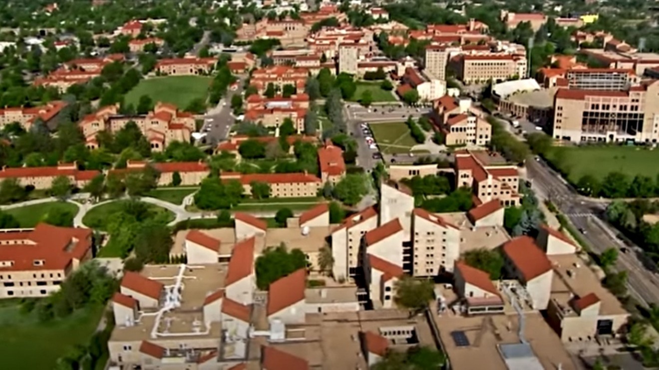 Part of the CU Boulder campus and residential halls as seen from the air.