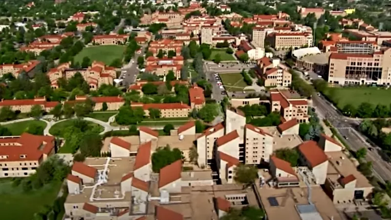 Image: Part of the CU Boulder campus and residential halls as seen from the air.