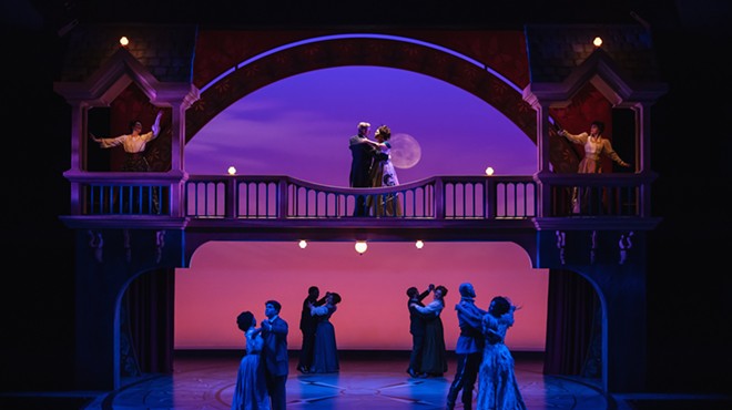 ballroom dancers on theater set at sunset