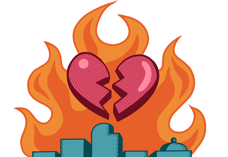 fire and broken heart over skyline