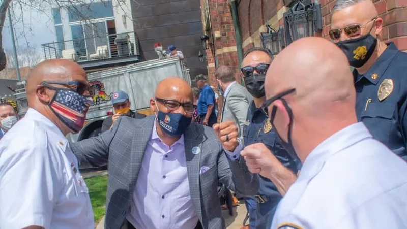 Image: Mayor Michael Hancock at a May 3 celebration of the ninetieth anniversary of Denver Fire Station No. 3 in Five Points.