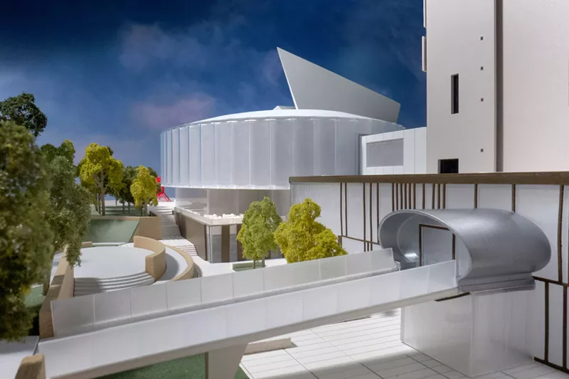 Image: A model of the Sie Welcome Center, with tube entrance to the Ponti on the right.