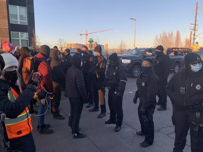 Image: Denver police blocked protesters from entering the immediate vicinity of the encampment at 29th Street and Arkins Court.