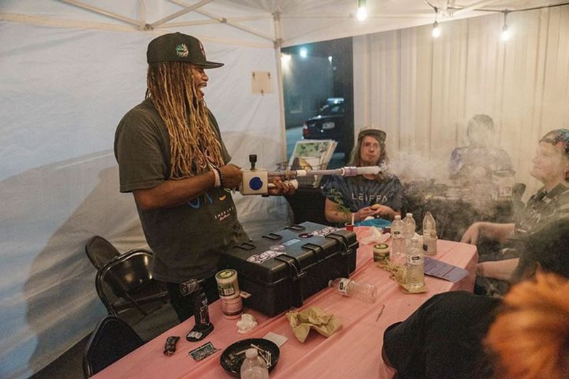 Jai Berkley promotes the smoke thrower by going from concert to concert and blowing streams of smoke in people's faces. He says it's a great way to get high in a public, social setting.