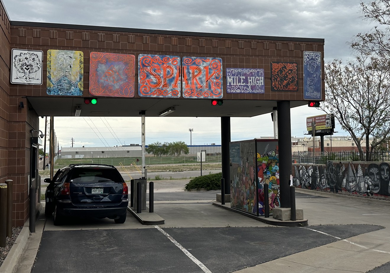 Spark Dispensary's drive thru is decked out in local art.