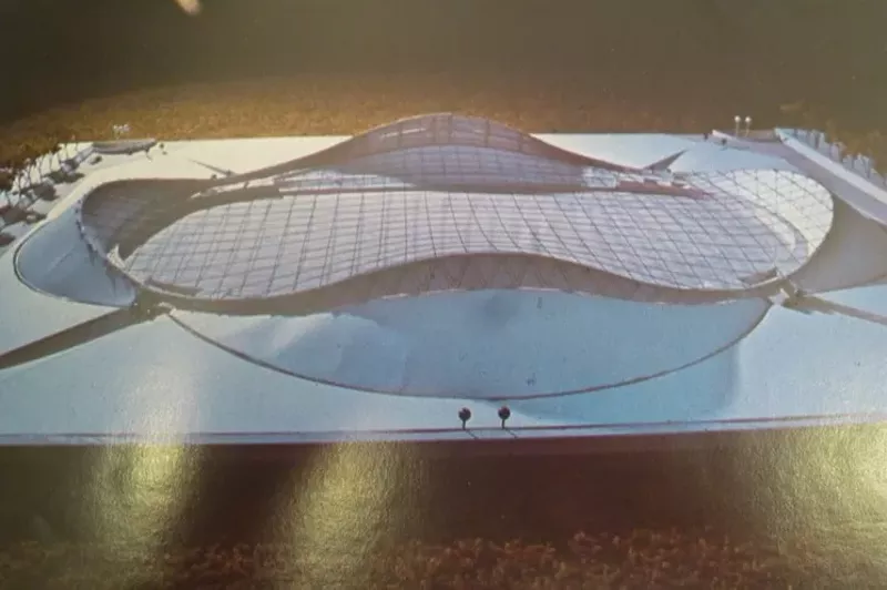 Image: A model of a proposed speed-skating arena that was to be built near South High School for the 1976 Winter Olympics Games in Denver — the ones that didn't happen.