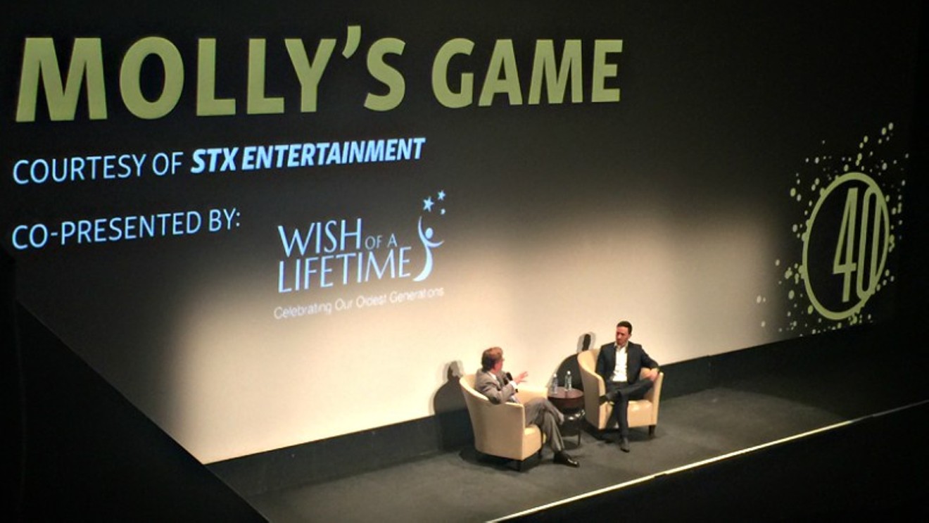 Writer-director Aaron Sorkin and Jeremy Bloom discussing Molly's Game at the fortieth annual Denver Film Festival.