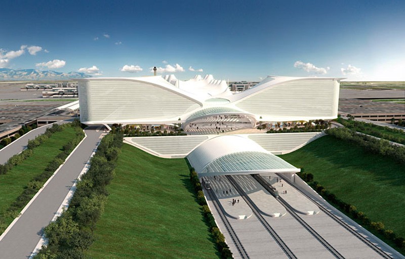 Calatrava%27s+light-rail+station+complex+with+the+Jeppesen+Terminal+in+the+background.