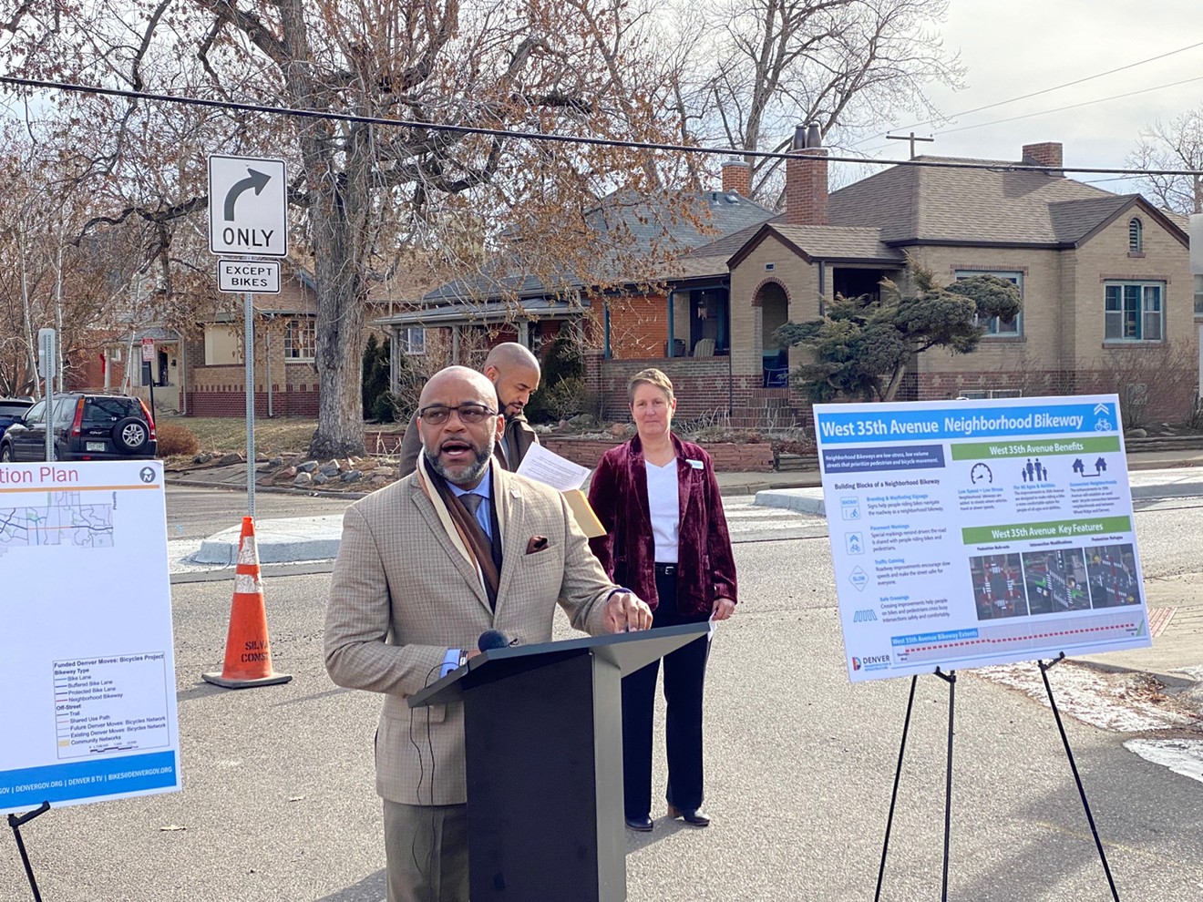 Mayor Michael Hancock unveils "Neighborhood Bikeway" improvements at 35th Avenue and Irving Street.