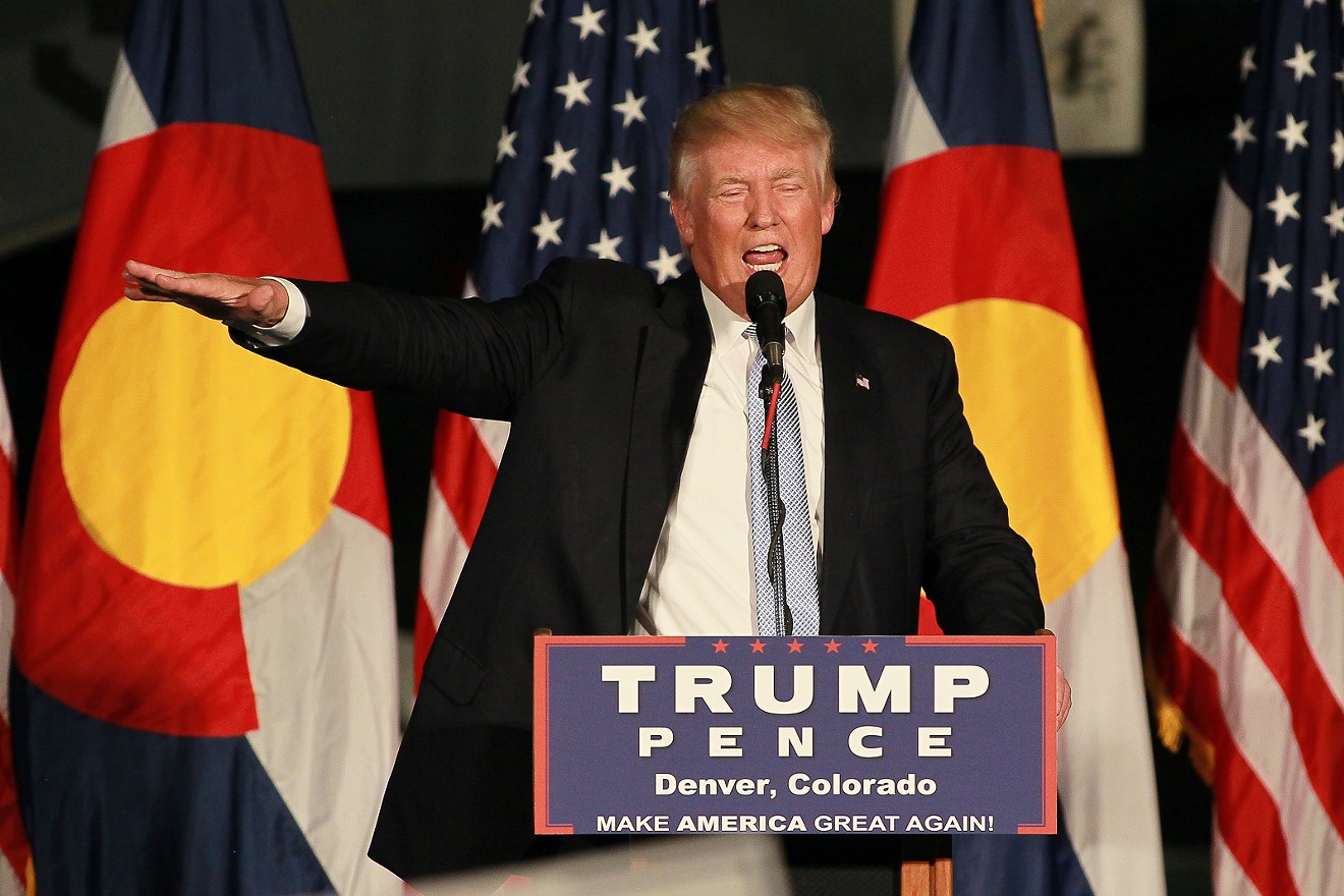 Republican presidential candidate Donald Trump speaks during a  Denver campaign rally.