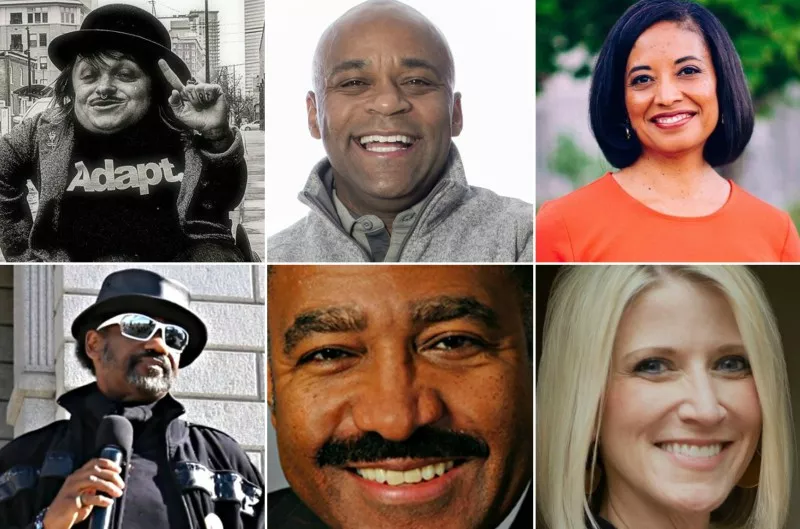 Image: Denver mayoral candidates Kalyn Heffernan, Michael Hancock, Lisa Calderón, Jamie Giellis, Penfield Tate and Chairman Seku (clockwise from upper left).