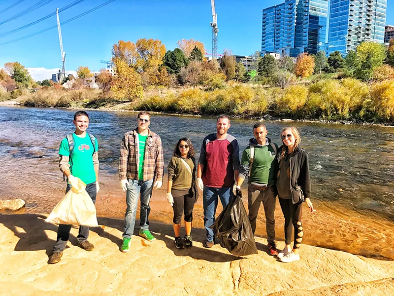 Image: Denver MPAC members (from left) Joe Miyaki, Spencer Black, Noor Shaikh, Kyle Marucci, Alejandro Vera and Lindsey Rasmussen cleaning up the Platte.
