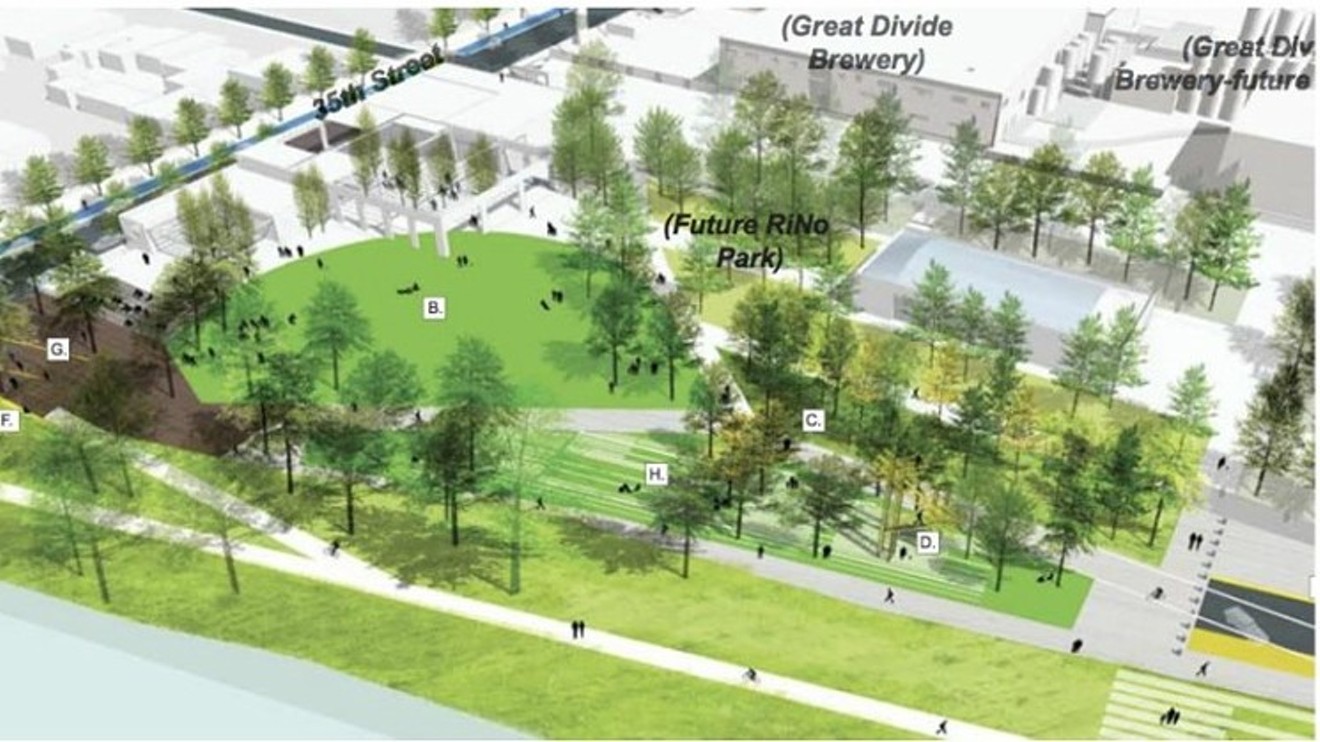 An artist's rendering of a possible RiNo park included in City Council member Jolon Clark's presentation about the Denver parks tax proposal.