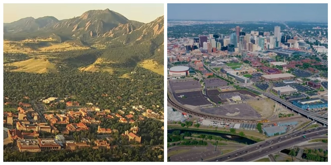 Aerial views of Boulder and Denver.