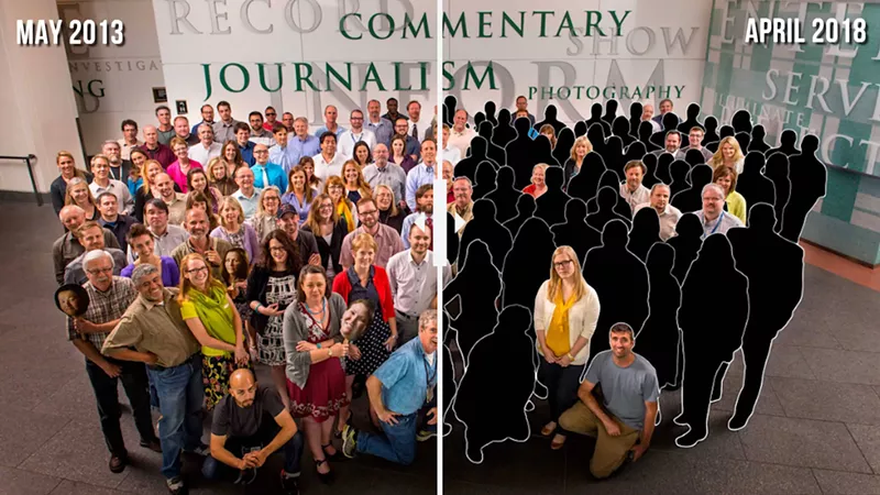 Image: This photo collage simulates how many members of the Denver Post staff left the paper, seldom by choice, over a five-year period.