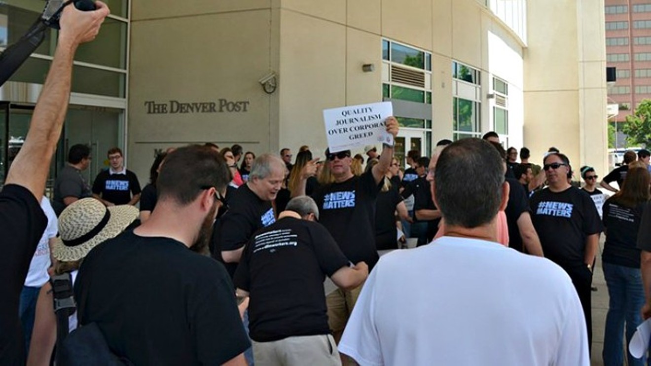 Protesters at a 2016 rally against Alden Global Capital, the hedge fund that owns the Denver Post, held just prior to a series of buyout announcements.
