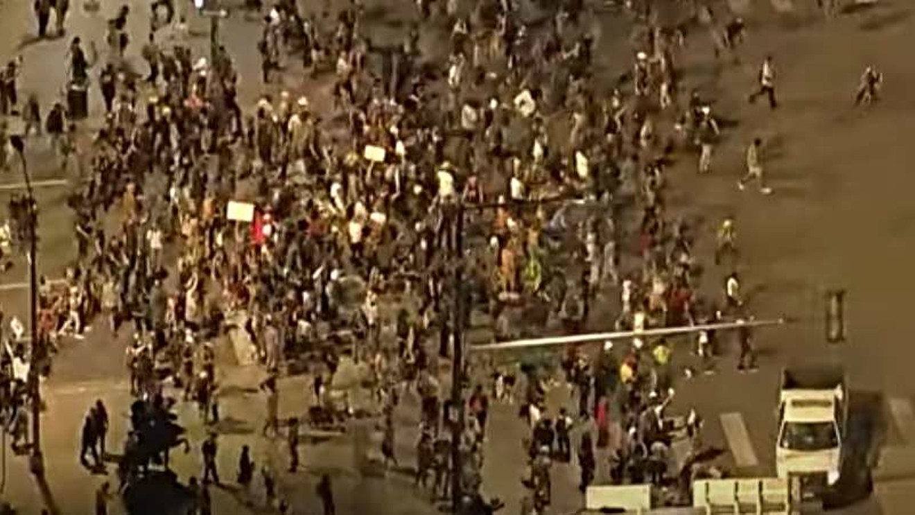 An overhead look at a crowd of protesters on June 1 in downtown Denver.
