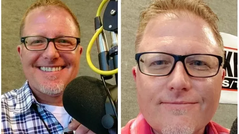 Image: A photo of Steffan Tubbs from 2018, when he came aboard at KNUS, juxtaposed with a shot from earlier this year.