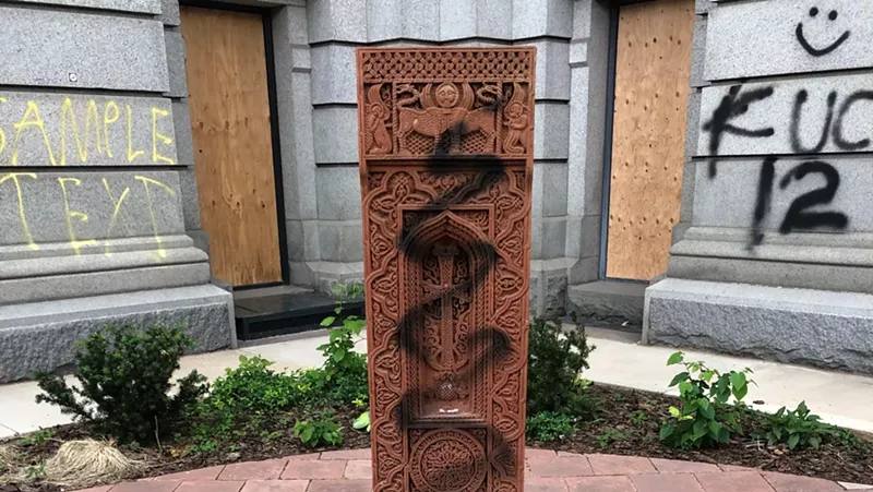 Image: The Khachkar memorial to the Armenian Geonocide didn't escape vandalism over the weekend.