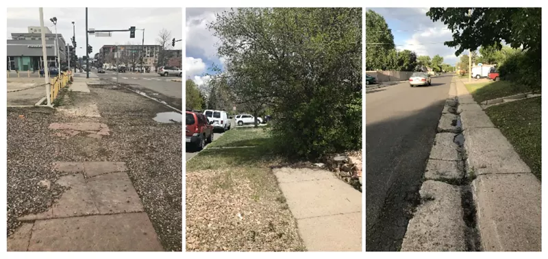 Image: Three examples of problem sidewalks, as shared by the Denver Streets Partnership.