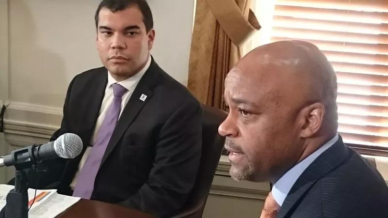 Image: Erik Soliván and Denver Mayor Michael Hancock talk affordable housing in Denver.