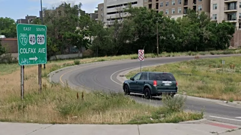 Image: The ramp from Federal Boulevard onto Colfax Avenue brings together Denver's two most dangerous streets as measured by serious-bodily injuries.