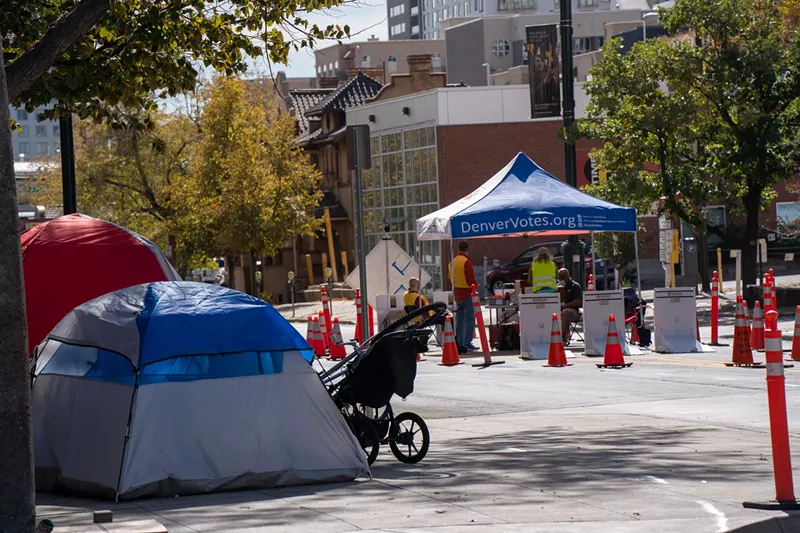Image: Tents at the south end of Civic Center Park, close to the Race and Homelessness vigil at the City and County Building.